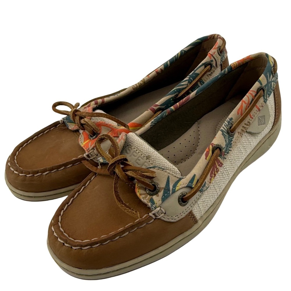 Sperry Womens 6.5 Angelfish Boat Shoes Tan Tropical Floral Leather‎ STS96931 GUC